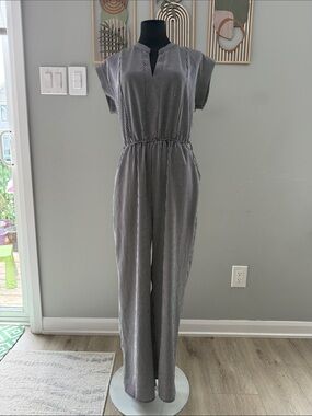 Black & White Striped Short-Sleeve Jumpsuit with Elastic Waist